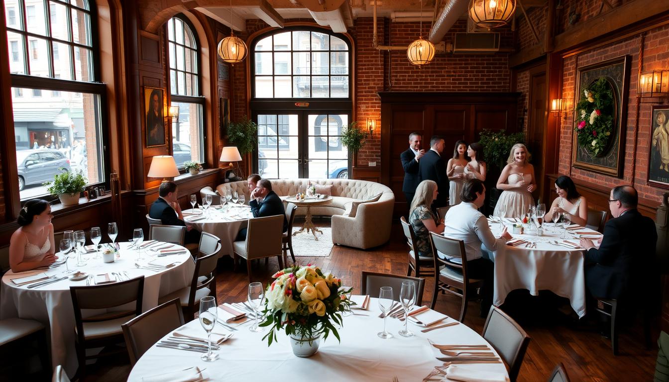 a cozy, intimate wedding venue in Manhattan, with warm lighting, wooden floors, and elegant decor. The venue is situated in a historic building, with large windows overlooking a bustling city street. In the foreground, a table is set with white linens, delicate china, and a centerpiece of fresh flowers. Guests are seated at the table, engaged in conversation and enjoying a meal. The middle ground features plush seating areas, where additional guests mingle and sip champagne. The background showcases the venue's charming architectural details, such as exposed brick walls and high ceilings. The overall atmosphere is one of refinement, comfort, and a touch of glamour, perfectly suited for a micro wedding celebration.