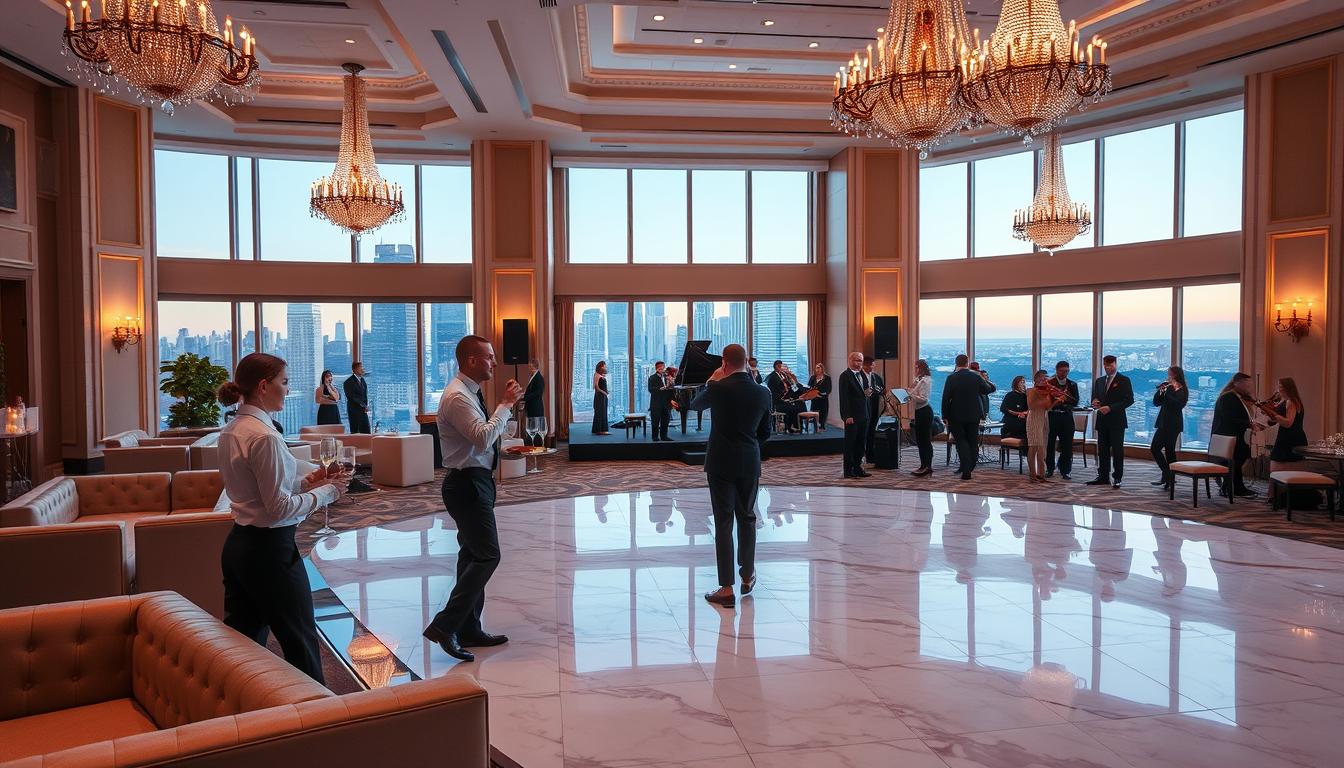 a grand and elegant event space with high ceilings, ornate chandeliers, and floor-to-ceiling windows overlooking a cityscape of skyscrapers. In the foreground, a polished marble dance floor is surrounded by plush lounge seating. In the middle ground, servers in crisp uniforms carry trays of champagne flutes and hors d'oeuvres. The background features a stage with a grand piano and a string quartet performing for a well-dressed crowd mingling and enjoying the sophisticated atmosphere. Soft, warm lighting casts a refined glow over the entire scene, creating an atmosphere of luxury and refinement.