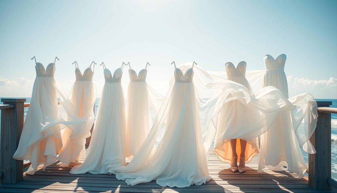 a high-quality photograph of several flowy, romantic beach wedding dresses in a sunny, coastal setting. the dresses have ethereal, flowing fabrics that gracefully move in the light ocean breeze. they are displayed on a wooden dock or pier, with the ocean and a cloudless blue sky in the background. the lighting is soft and natural, creating a warm, dreamy atmosphere. the camera angle is slightly elevated, capturing the dresses from a flattering perspective. the overall scene evokes a sense of serene, coastal elegance perfect for a beach wedding.