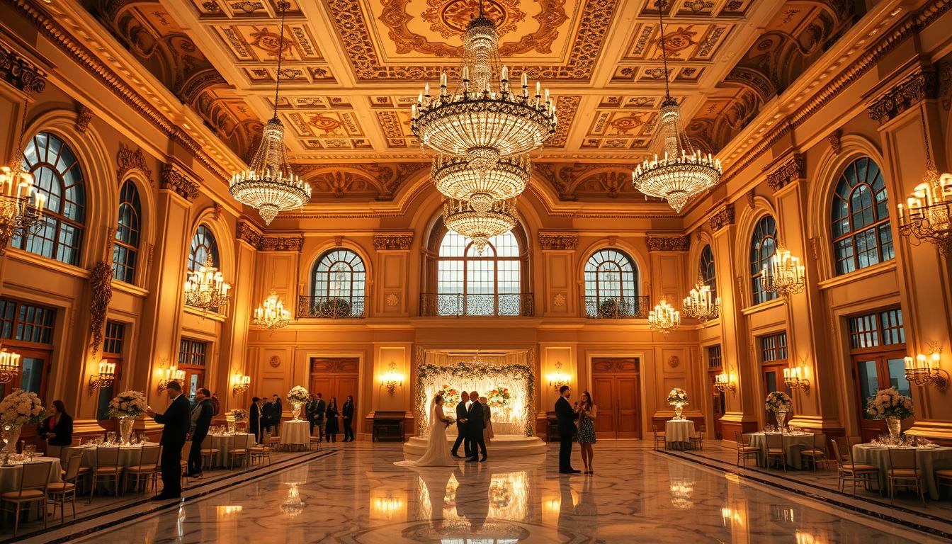 a highly detailed interior shot of a luxurious and historically-significant indoor wedding venue in New York City, featuring a large, ornate reception hall with high ceilings, chandeliers, and elegant marble floors. The space is bathed in warm, ambient lighting that casts a soft, romantic glow throughout. Intricate architectural details like gilded moldings, arched windows, and ornamental columns can be seen in the background. In the foreground, a small intimate gathering of wedding guests can be observed mingling and enjoying the refined and timeless atmosphere of the venue.