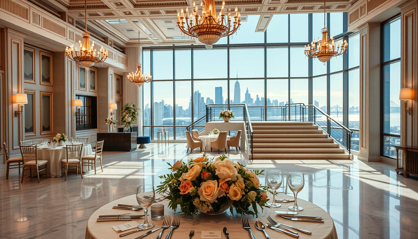 a modern, elegant wedding venue in the heart of Manhattan, capturing the grandeur and sophistication of a luxury event space. The venue features high ceilings with intricate architectural details, large windows allowing natural light to flood the space, and a polished marble floor that reflects the opulent chandeliers overhead. A mix of classic and contemporary design elements create a warm, inviting atmosphere, perfect for an unforgettable wedding celebration. In the foreground, a beautifully decorated table setting with delicate floral arrangements and gleaming silverware sets the stage for an intimate, exclusive gathering. The middle ground showcases the venue's grand staircase, leading up to a balcony that overlooks the main event space. In the background, the iconic skyline of Manhattan provides a breathtaking backdrop, with the Hudson River glistening in the distance.