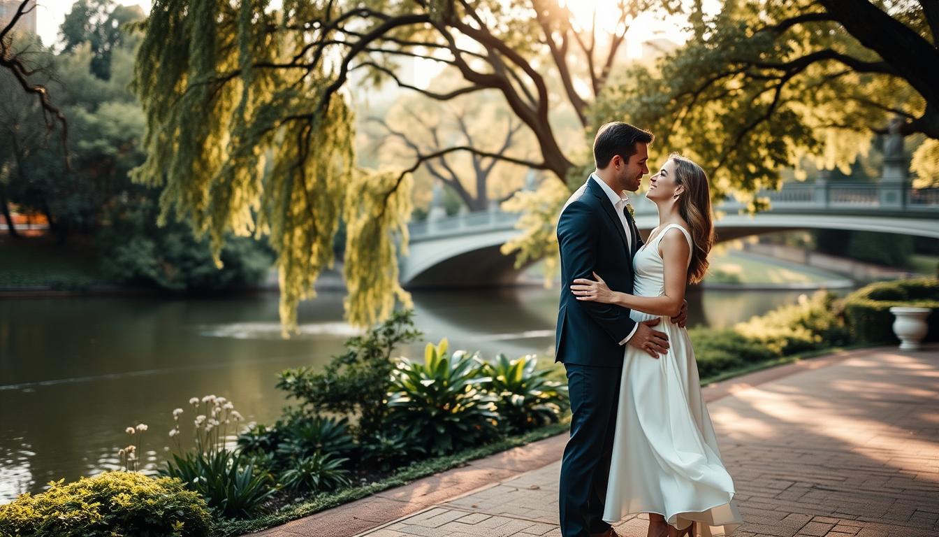 a romantic, picturesque outdoor scene in Central Park, New York City, with lush greenery, a serene lake, and a charming bridge in the background. In the foreground, a stylishly dressed couple poses for an engagement photo shoot, the woman wearing a flowing white dress and the man in a sharp suit. Soft, warm lighting filters through the trees, creating a cozy, intimate atmosphere. The couple stands close together, gazing lovingly into each other's eyes, their body language and expressions conveying the joy and excitement of their newfound engagement. The overall scene is a harmonious blend of nature, architecture, and the couple's affection, creating a timeless, artistically composed image.