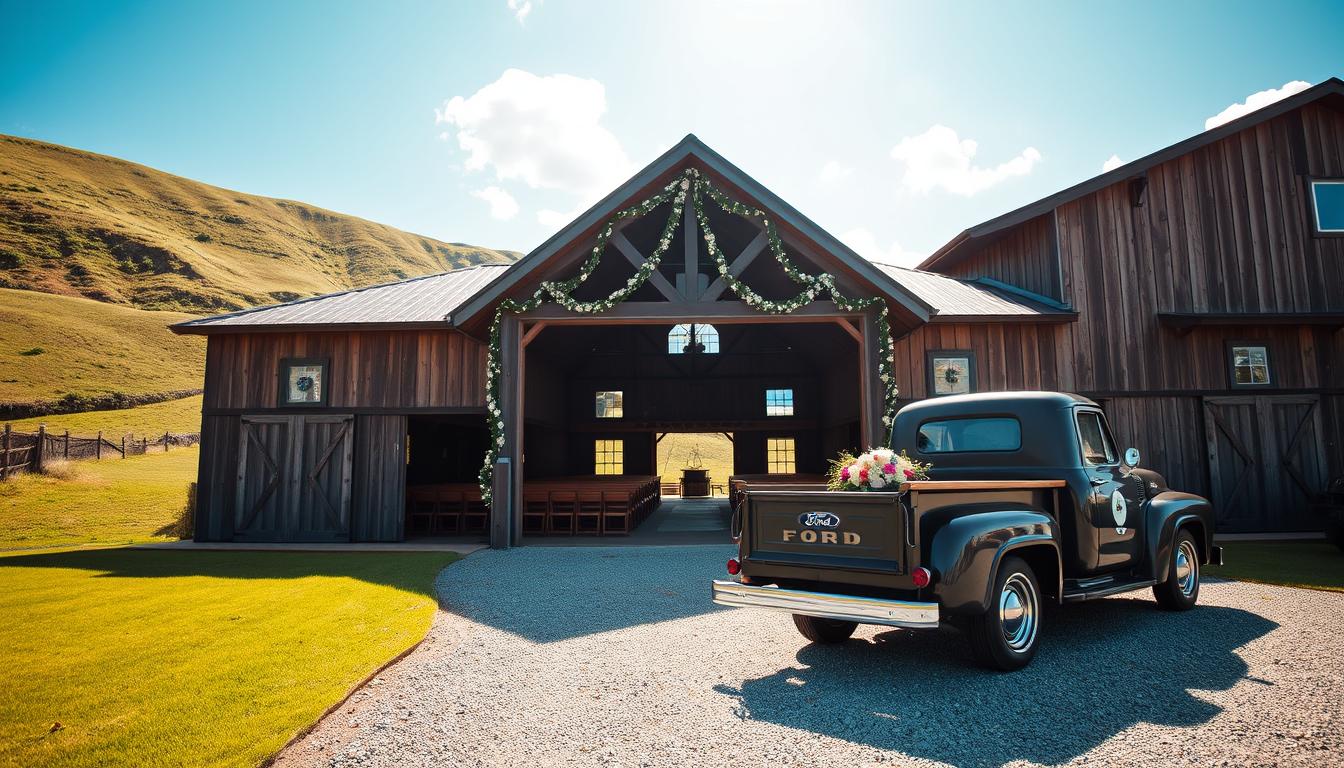 a rustic, weathered barn with a pitched roof and wooden siding, surrounded by rolling green hills and a cloudless blue sky. The barn's entrance is framed by a grand, decorative archway draped with delicate floral garlands. Sunlight filters through the windows, casting a warm, golden glow throughout the interior, which is filled with rows of wooden benches and a raised platform for the ceremony. In the foreground, a manicured lawn leads to a gravel path, where a vintage Ford truck is parked, its trunk open to reveal a display of fresh flowers. The overall scene conveys a sense of timeless elegance and natural beauty, perfectly capturing the charm of a Tennessee wedding venue.