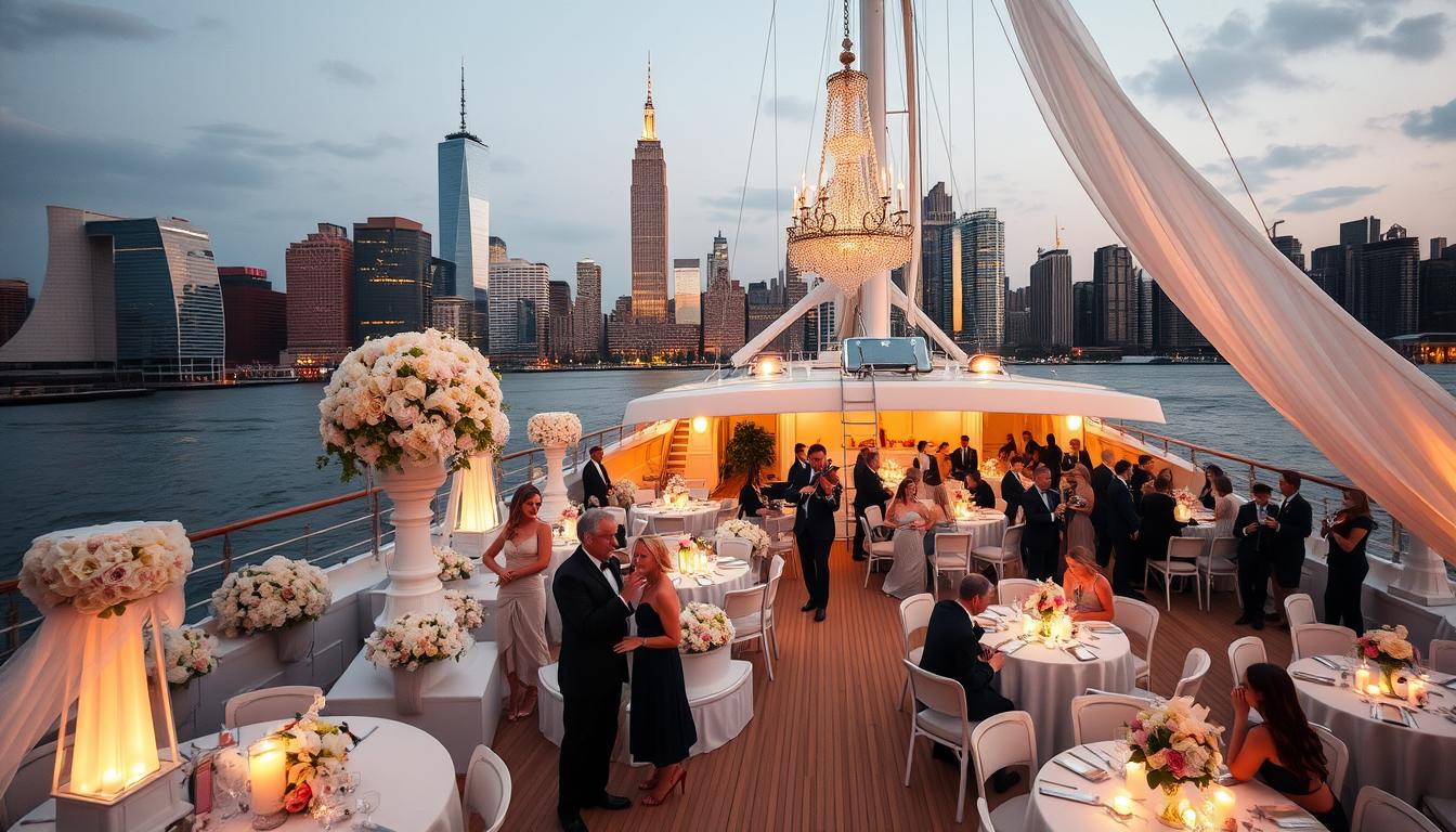a vast and gleaming Manhattan skyline in the background, with a grand, elegant yacht cruising along the river in the foreground, its white sails billowing in the gentle breeze. The yacht's deck is adorned with lush floral arrangements, white chiffon draperies, and glimmering chandeliers, creating a romantic and sophisticated ambiance. Couples dressed in formal attire mingle and dine at candlelit tables, while a string quartet plays soothing music. The scene is bathed in warm, golden lighting, casting a soft, romantic glow over the entire setting.