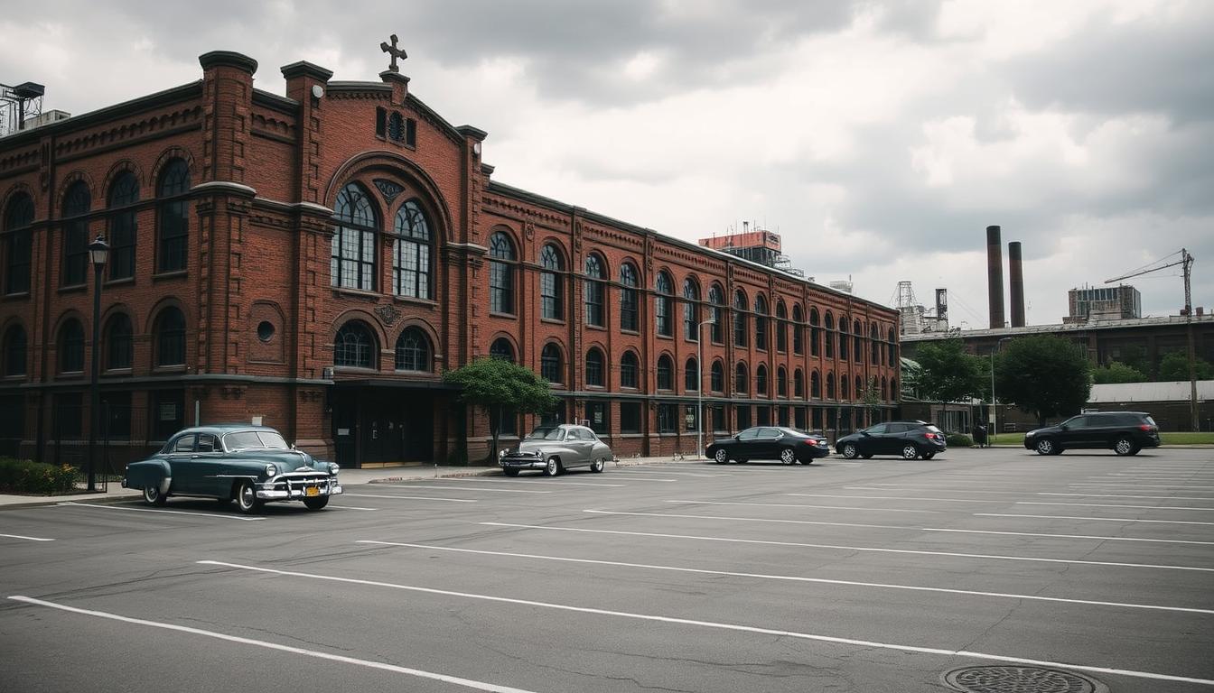 an industrial wedding venue in Brooklyn, New York, with a large parking lot in the foreground. The venue is housed in a historic brick building with tall arched windows and intricate architectural details. The parking lot is neatly paved with clearly marked spaces, with a few vintage cars and a few modern vehicles parked. The sky is overcast, casting a soft, moody light over the scene. In the background, there are some trees and other industrial buildings, adding to the urban, gritty aesthetic. The overall atmosphere conveys a sense of elegance and history, balanced with the practical considerations of transportation and parking for a wedding event.