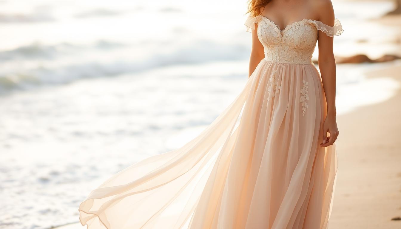 beach wedding attire, full-length flowing dress in a light, airy fabric like chiffon or lace, delicate floral embroidery or appliques, off-the-shoulder or spaghetti strap silhouette, gently cascading ruffles or pleats, neutral color palette such as soft pink, ivory, or champagne, outdoor seaside setting with gentle waves crashing, warm golden afternoon sunlight filtering through, soft focus blur in the background, romantic, elegant, ethereal atmosphere