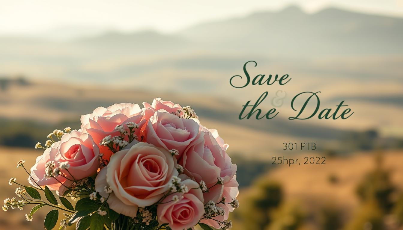 A beautiful, soft-focus save the date design with a romantic, elegant style. In the foreground, a bouquet of lush, pastel-colored flowers - roses, peonies, and baby's breath - arranged in a simple, asymmetric composition. The flowers are backlit, creating a warm, glowing effect. In the middle ground, a textured, handmade paper background with a subtle, watercolor-like pattern. The lighting is natural, with gentle shadows and highlights that add depth and dimension. In the background, a blurred, out-of-focus landscape with rolling hills and a hazy, sun-dappled sky. The overall mood is one of timeless beauty, understated luxury, and the promise of a joyous celebration.