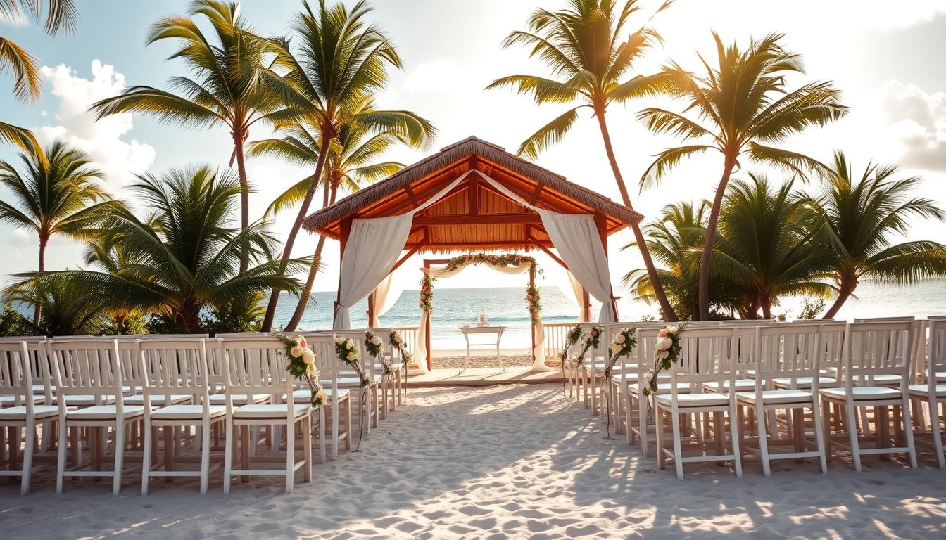 A breathtaking beach wedding venue, with soft white sand and gentle waves lapping at the shore. The sun casts a warm, golden glow over the scene, illuminating the elegant, thatched-roof pavilion nestled amidst swaying palm trees. Rows of white wooden chairs are arranged in a semicircle, facing the serene ocean backdrop. Delicate floral arrangements adorn the entrance, while a wooden arch stands as the picturesque focal point, ready to host the newlyweds. The atmosphere is one of tranquility and romance, inviting guests to bask in the natural beauty of the Hawaiian coastline.