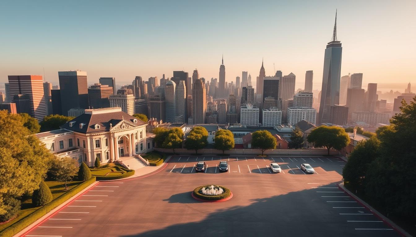 A breathtaking wedding venue set against the iconic skyline of New York City, bathed in warm, golden light. In the foreground, a grand, ornate building with elegant architectural details and a grand entrance, surrounded by lush, manicured gardens. In the middle ground, a spacious parking lot with ample space for guests, neatly paved and well-lit. The background showcases the stunning skyscrapers and landmarks of the city, creating a picturesque and luxurious setting for a memorable wedding celebration. The atmosphere exudes a sense of refined sophistication and timeless elegance, perfect for couples seeking a truly unique and unforgettable wedding experience in the heart of New York.