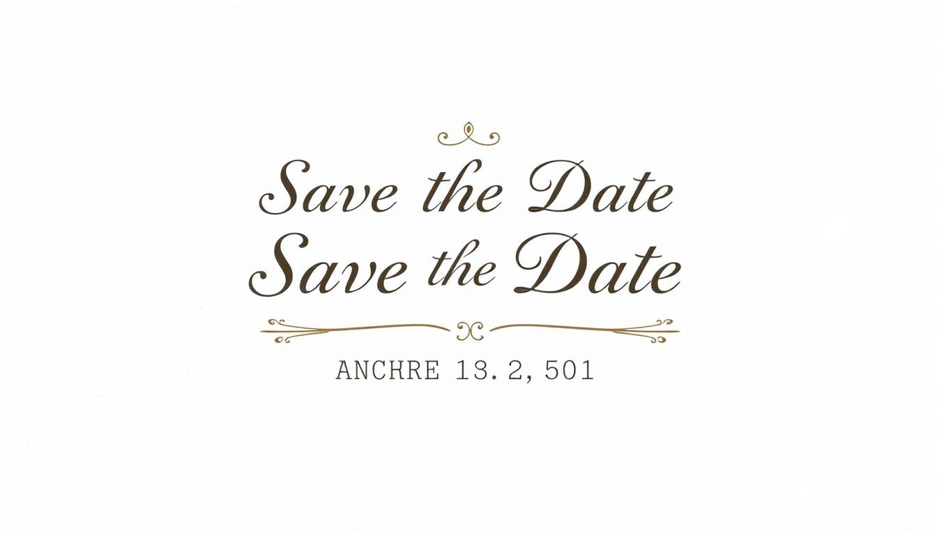 A classic save the date card with a crisp, elegant design. In the center, two names are displayed in an ornate, calligraphic font, arranged in a traditional order that reflects established etiquette. The background is a soft, muted color palette, perhaps a light gray or beige, creating a timeless and sophisticated ambiance. The overall composition has a balanced, symmetrical layout, with attention to detail in the typographic treatment and gentle drop shadows that add depth. Subtle flourishes, such as delicate floral or geometric patterns, frame the names, lending an air of refinement. Soft, diffused lighting from an upper angle casts gentle shadows, evoking a sense of formality and ceremony befitting the occasion.
