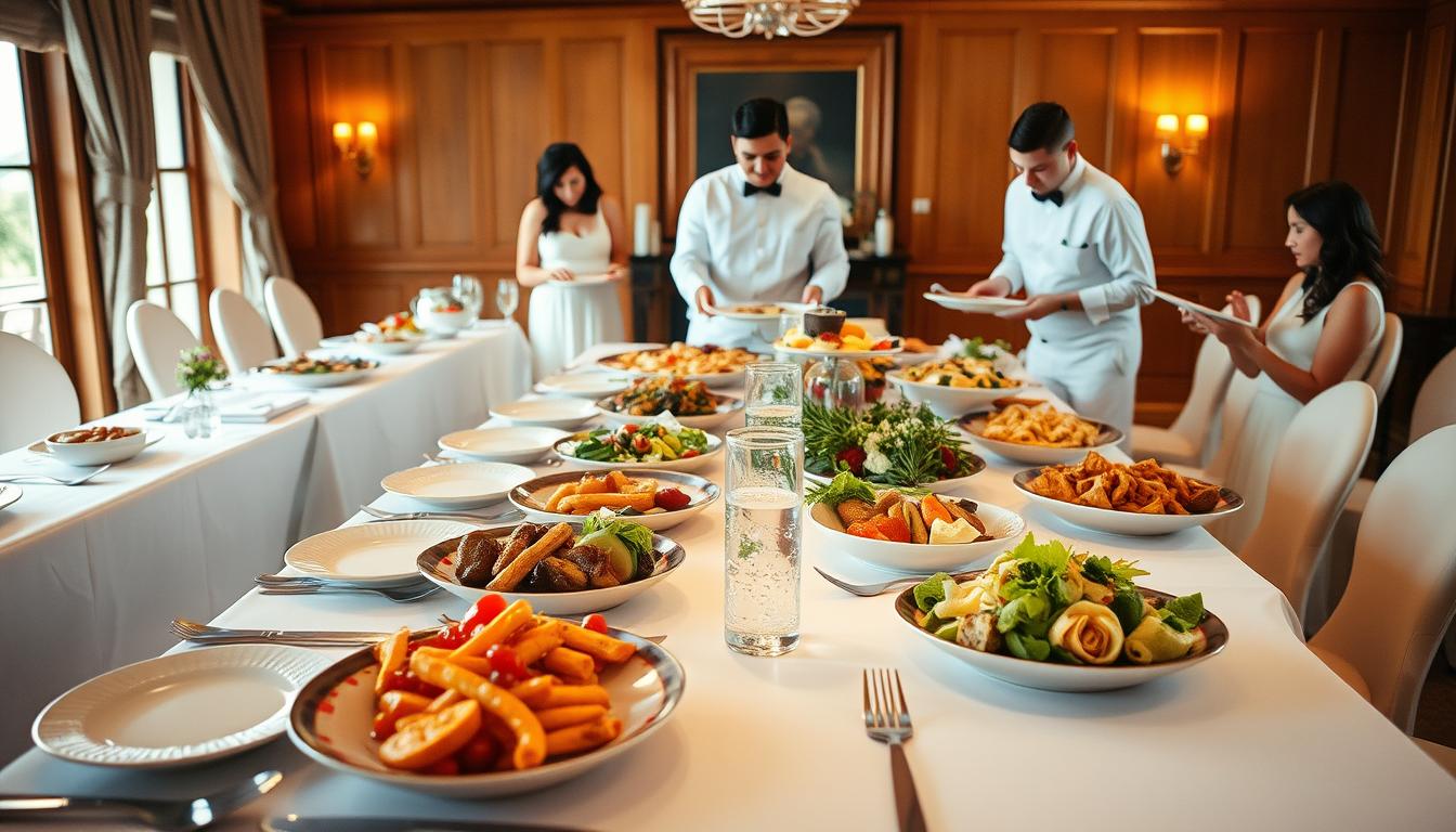 A cozy and intimate wedding reception setting, with a long table laid out with an array of diverse food options. In the foreground, elegant place settings showcase neatly arranged plates and cutlery, catering to various dietary needs - vegan, gluten-free, nut-free, and halal. The middle ground features servers in crisp white uniforms, gracefully delivering an assortment of beautifully presented dishes to the guests. In the background, a warm, softly lit space with wood-paneled walls and rich, textured fabrics creates a welcoming ambiance. The overall scene conveys a sense of thoughtful planning and attention to detail, ensuring that all guests can fully enjoy the wedding celebration.
