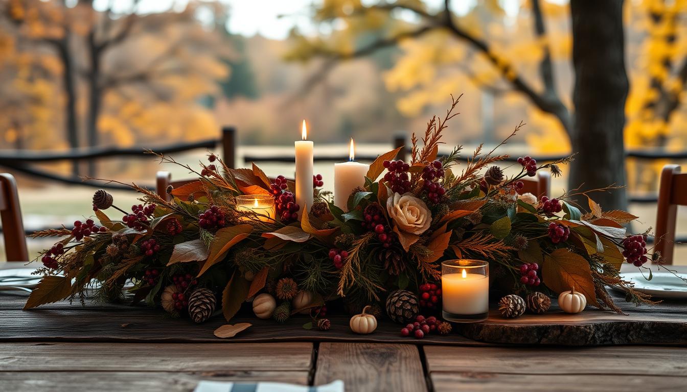 A cozy, inviting fall wedding scene with a warm, autumnal palette. In the foreground, a rustic wooden table is adorned with a lush, organic centerpiece featuring a mix of seasonal foliage, berries, and candles casting a soft, flickering glow. In the middle ground, natural elements like pinecones, dried flowers, and wooden accents create a tactile, textural display. The background showcases a picturesque outdoor setting with a backdrop of rich, golden-hued trees, hinting at the changing seasons. Soft, diffused lighting envelops the scene, creating an intimate, atmospheric ambiance. The overall composition evokes a sense of comfort, coziness, and the beauty of fall, perfect for inspiring autumn-themed save the date cards.