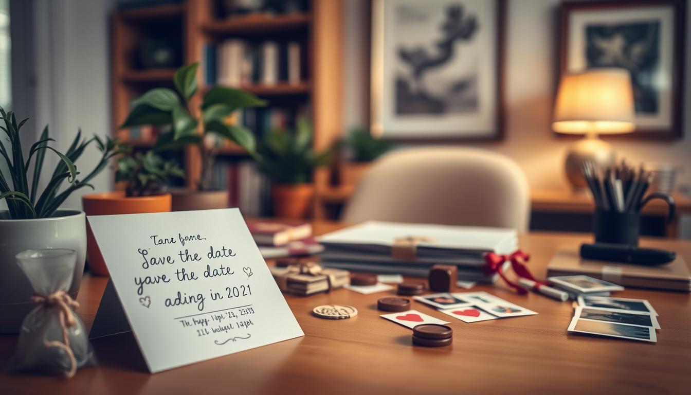 A cozy, well-lit home office setting with a wooden desk, plants, and a variety of unique "save the date" ideas scattered across the surface. In the foreground, a handwritten invitation card with a personalized wording and a hand-drawn illustration. In the middle ground, an assortment of creative save the date elements such as custom stamps, wax seals, ribbon-tied notes, and polaroid photos. The background features a softly blurred bookshelf and a framed artwork on the wall, creating a warm, intimate atmosphere that reflects the personal touches in the "save the date" items. Lighting is gentle, with a mixture of natural and soft artificial sources, creating a inviting and thoughtful ambiance.
