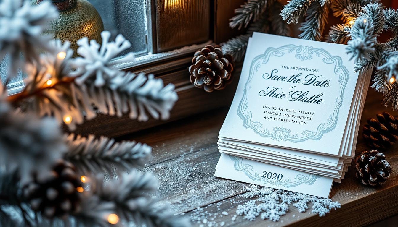 A cozy winter scene with a stack of elegant, handmade save the date cards. Frosted pine branches and pinecones frame the cards, which feature intricate snowflake designs and a muted color palette of blues, whites, and grays. Soft, warm lighting illuminates the delicate textures and creates a serene, intimate atmosphere. The cards are arranged on a wooden surface, perhaps a rustic table or windowsill, hinting at the charming, wintry wedding to come. A subtle, frosty mist or light snowfall adds to the enchanting, winter wonderland aesthetic.