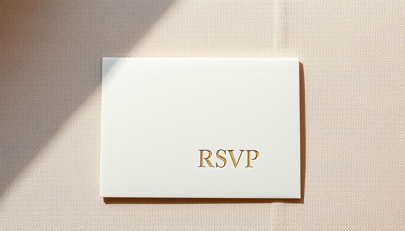 A crisp, elegant save the date card featuring an embossed "RSVP" text in the lower right corner. The card is set against a soft, textured background with a subtle pattern, creating a refined and formal atmosphere. Warm, natural lighting illuminates the card from the top left, casting gentle shadows and highlighting the intricate details. The composition places the card in the center, allowing ample negative space to draw the viewer's attention. The overall mood is one of timeless sophistication, perfectly suited to convey the importance of the RSVP request on a save the date.