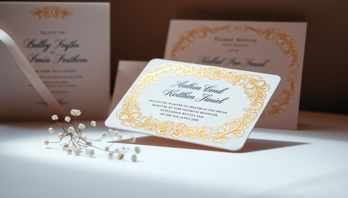A delicate, gold-embellished wedding invitation rests on a crisp, white table, surrounded by elegant calligraphy-adorned stationery and a sprig of delicate baby's breath. The invitation's intricate floral motifs and refined typography convey a sense of timeless elegance, while a warm, diffused light creates a soft, inviting atmosphere. The composition emphasizes the importance of the invitation as a first impression, subtly hinting at the guest's expectations for the upcoming celebration.