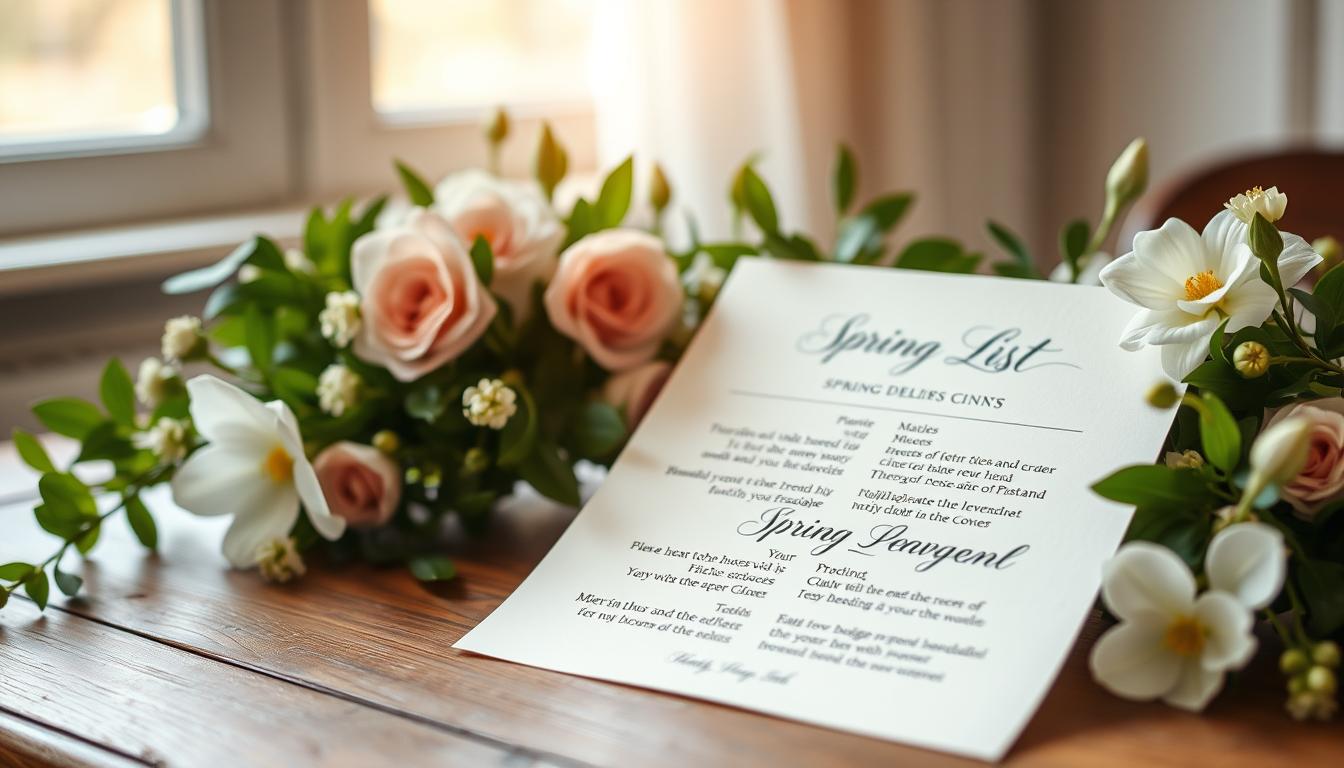 A delicate spring wedding guest list, hand-written in elegant calligraphy on a soft cream-colored paper. The page is placed on a wooden table, surrounded by lush greenery, pastel flowers, and a subtle ray of warm, diffused sunlight filtering through a window. The overall mood is one of refinement, anticipation, and the joyful spirit of a new beginning.