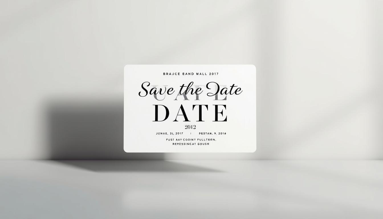 A digital save the date card hovers above a sleek, minimalist background. The card's design features a bold, modern typography showcasing the couple's names in a balanced, harmonious arrangement. Soft lighting illuminates the card, casting subtle shadows that add depth and dimensionality. The overall aesthetic conveys a sense of elegance and sophistication, perfectly suited for the digital save the date announcement. The composition emphasizes the visual balance and hierarchy of the names, inviting the viewer to consider the thoughtful placement of the couple's identities.