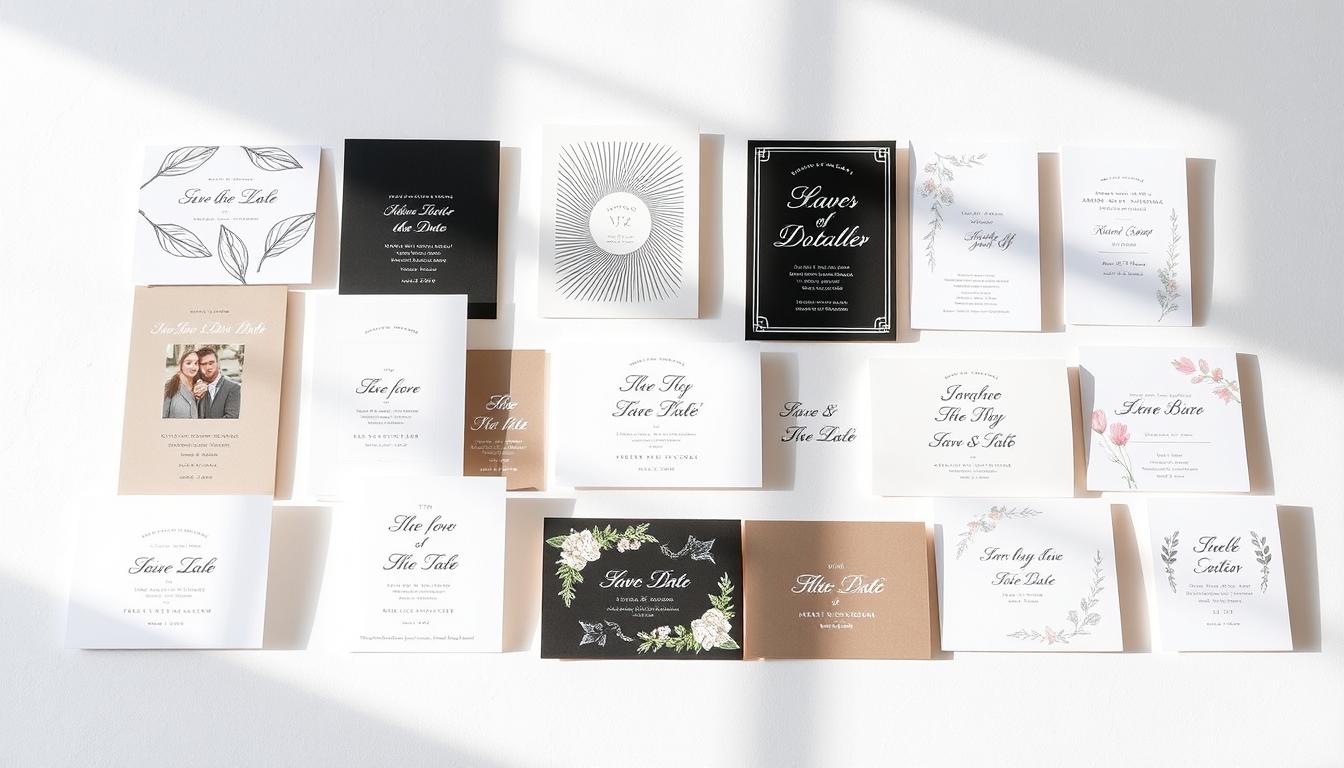 A elegant array of stylish save the date cards, displayed on a pristine white background, illuminated by soft, diffused natural lighting. The cards feature a variety of sophisticated designs, from minimalist monochrome patterns to delicate floral motifs, each exuding a sense of timeless sophistication. The cards are arranged in a visually pleasing composition, allowing the viewer to appreciate the nuanced details and varied textures of the various offerings. The overall mood is one of refined simplicity, highlighting the quality and craftsmanship of the save the date cards as potential options for an upcoming event.