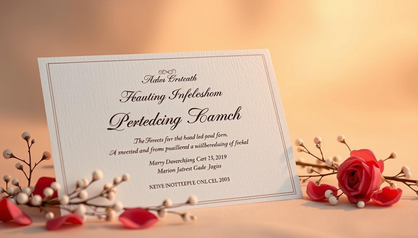 A formal, elegant wedding invitation set against a soft, creamy background, illuminated by warm, gentle lighting. The invitation itself is crafted from high-quality, textured paper, with an ornate, calligraphic script detailing the event details. Surrounding the invitation are subtle, romantic floral accents, such as delicate rose petals or sprigs of baby's breath, adding a touch of natural beauty. The overall composition conveys a sense of timeless sophistication and attention to etiquette, reflecting the importance of the occasion.