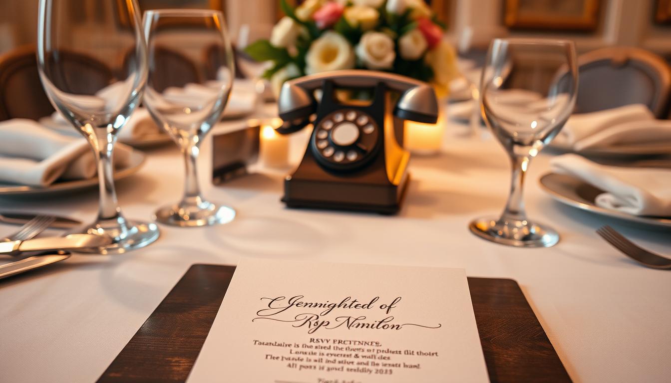 A formal table setting with elegant dinnerware, crystal stemware, and crisp white linens. In the foreground, a beautifully crafted invitation card with elegant calligraphy, resting atop a dark wood surface. Soft, warm lighting casts a refined ambiance, highlighting the timeless etiquette and attention to detail expected in traditional RSVP practices. The middle ground features a vintage rotary telephone, a nod to the formality of past communication methods. In the background, a tasteful floral arrangement adds a touch of sophistication. Capture the essence of classic RSVP etiquette in a visually striking and visually appealing manner.