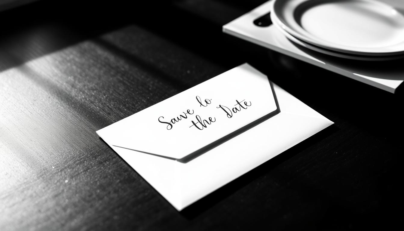 A formal, traditional save the date payment in crisp, high-contrast black and white. A rectangular envelope lies on a dark wooden table, its pristine white surface accentuated by the dramatic lighting. Elegant calligraphic script adorns the envelope, conveying an air of sophistication and timelessness. The scene is bathed in soft, directional lighting, casting subtle shadows that add depth and dimension. The overall mood is one of elegance, simplicity, and the anticipation of a momentous occasion.