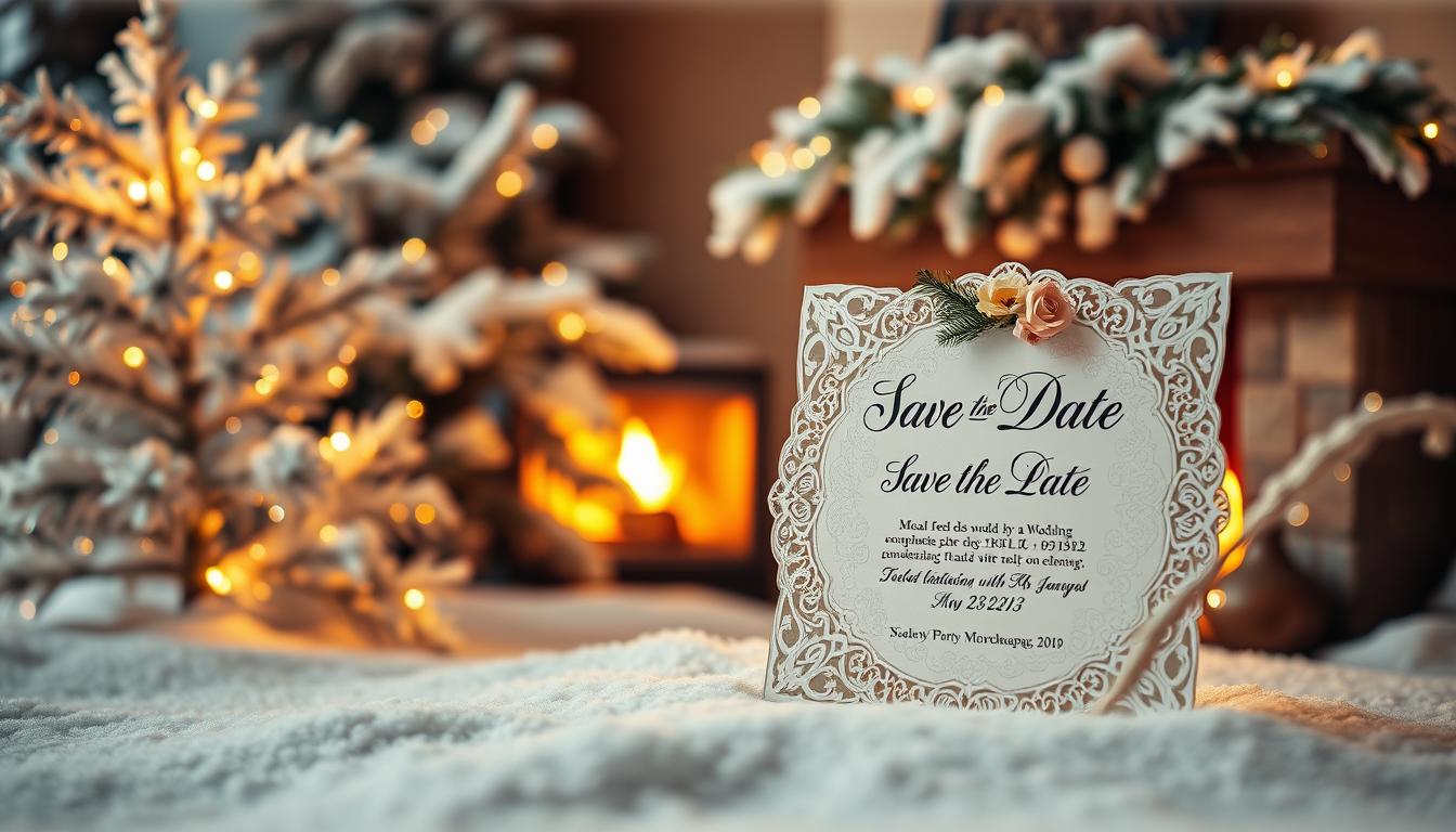 A gorgeous winter wonderland scene featuring an elegant save the date card with intricate lace detailing and a delicate floral arrangement. The card is set against a backdrop of sparkling snow-covered pine trees, with a warm glow from a cozy fireplace visible in the distance. Soft, diffused lighting casts a magical, intimate atmosphere, while a subtle vignette effect draws the eye to the central design. The overall composition evokes the charm and romance of a cozy, winter wedding celebration.