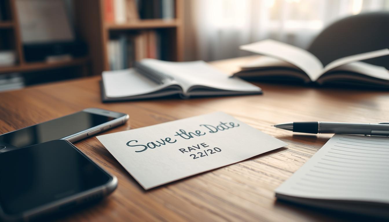 A handwritten "Save the Date" card on a wooden table, accompanied by a pen, a smartphone, and an open notebook. The card is slightly worn, conveying a sense of importance. The table is illuminated by soft, natural lighting from a window, casting a warm glow. In the background, a blurred bookshelf or other office decor, hinting at a professional or personal workspace. The overall scene evokes a thoughtful, focused atmosphere, suggesting the process of following up on RSVP responses.