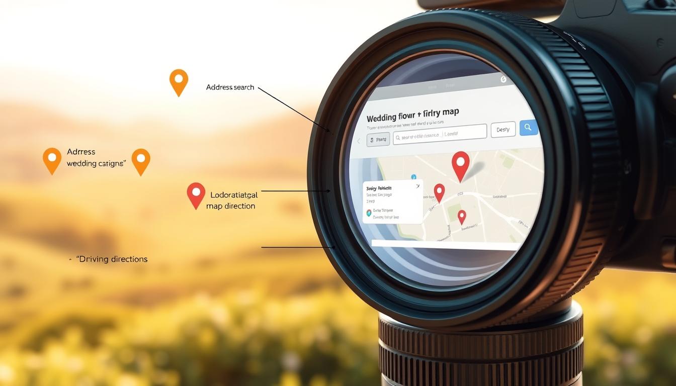 A high-resolution, detailed illustration of popular wedding website map features, captured with a professional-grade camera lens. The foreground showcases various map-related UI elements, such as interactive location pins, address search bars, and driving direction tools. The middle ground depicts a clean, minimalist wedding website design with a prominent map section. The background features a soft, blurred landscape of rolling hills, lush greenery, and a serene sky, creating a warm, romantic atmosphere. Bright, natural lighting illuminates the scene, highlighting the crisp, modern aesthetic of the wedding website's map interface.