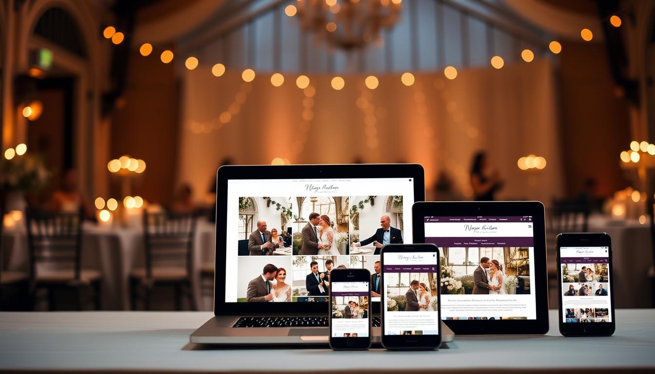 A high-resolution image showcasing the optimal image sizes for a wedding website. In the foreground, a laptop display prominently features a wedding website, with a grid of perfectly sized and cropped engagement photos. The middle ground shows various mobile devices, each displaying the same website content responsively. In the background, a softly blurred backdrop of a romantic, candlelit wedding reception sets the mood. The lighting is warm and inviting, captured with a shallow depth of field using a professional-grade camera lens. The overall atmosphere conveys the importance of presenting engagement photos in the best possible way for both desktop and mobile visitors.