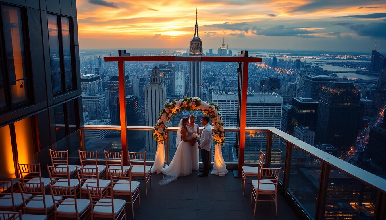 A high-rise building with a stunning rooftop wedding venue, offering breathtaking views of the New York City skyline. In the foreground, a couple exchanges vows under a beautifully decorated pergola, surrounded by elegant white chairs and a lush floral arch. The middle ground features the cityscape, with iconic skyscrapers and the Empire State Building standing tall against a golden, sunset-drenched sky. The background showcases the vibrant energy of the city, with twinkling lights and the bustling streets below. The scene is captured with a warm, romantic lighting that creates a serene and intimate atmosphere, perfect for a magical rooftop wedding celebration.