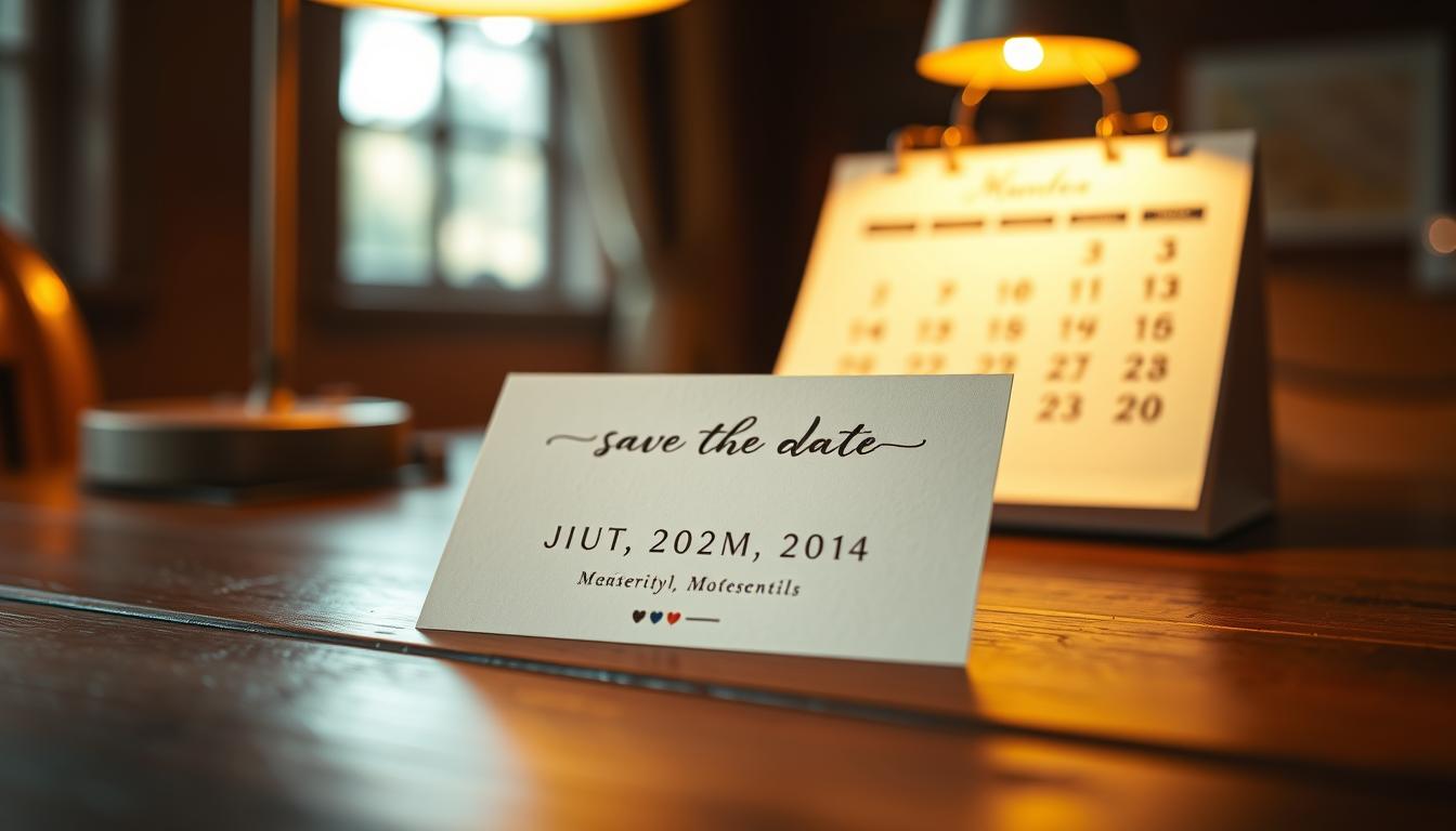 A last-minute save the date card resting on a wooden table, illuminated by warm, golden lighting from an overhead lamp. The card features a simple, minimalist design with clean typography and a neutral color palette. In the background, blurred out, a calendar is visible, its pages turning to reveal the remaining months until the event. The composition conveys a sense of urgency and the need to act quickly, while maintaining an air of elegance and sophistication.