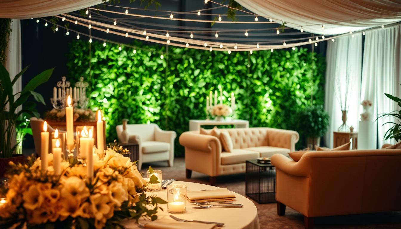A lavishly decorated engagement party setting, bathed in warm, soft lighting. In the foreground, a table adorned with an elegant floral centerpiece, candles, and delicate tableware. In the middle ground, stylish furniture pieces, like plush couches and armchairs, create a cozy, intimate atmosphere. The background features lush greenery, string lights, and subtle decorative accents that evoke a sense of romance and celebration. The overall ambiance is one of refined elegance, subtle opulence, and joyful anticipation, perfectly capturing the essence of an engagement party.