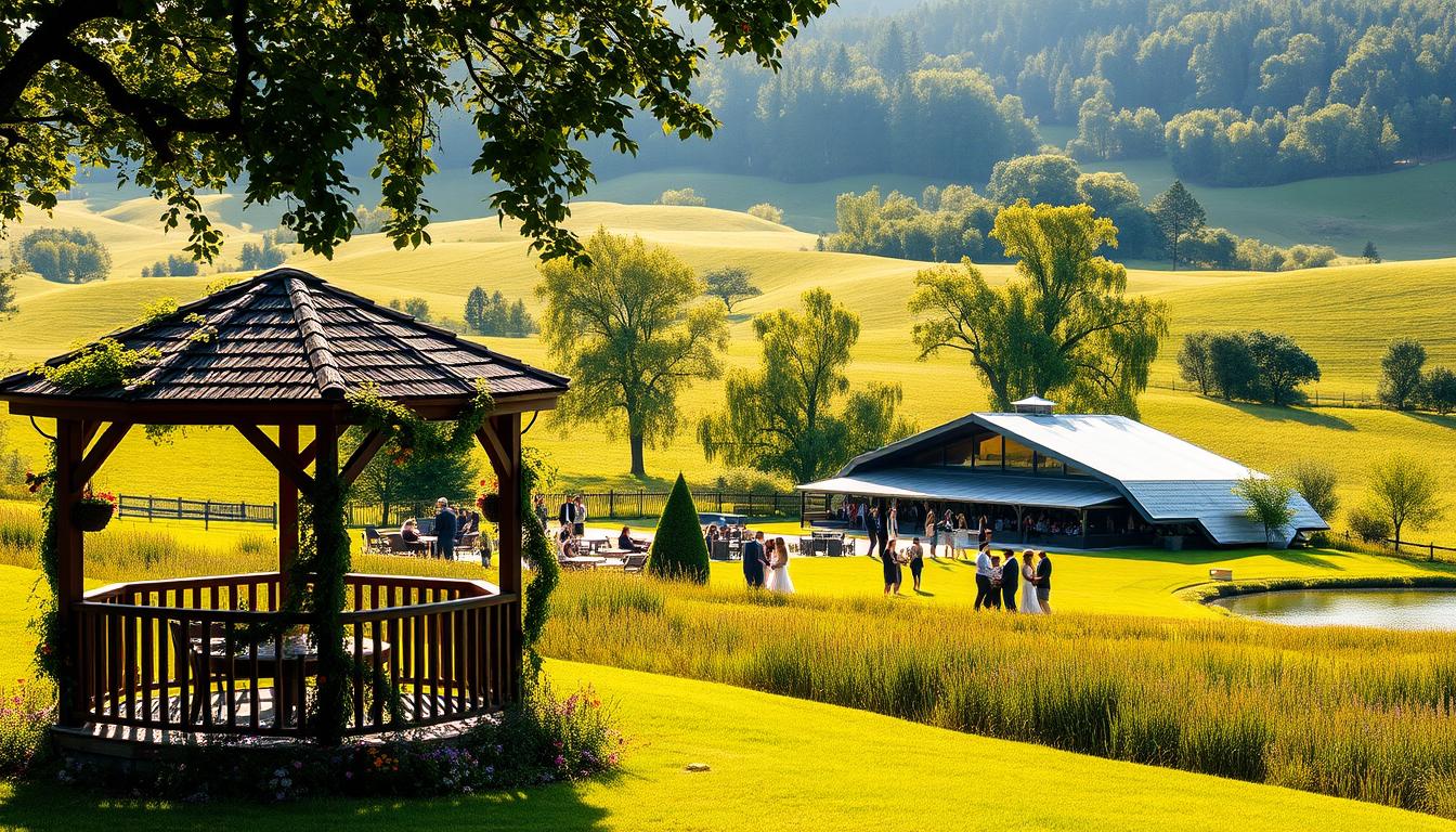 A lush, verdant outdoor wedding venue nestled among rolling hills, with a serene lake reflecting the surrounding nature. In the foreground, a picturesque wooden gazebo adorned with cascading vines and vibrant wildflowers. In the middle ground, guests mingle on a sprawling lawn, surrounded by towering trees that filter the warm, golden sunlight. In the background, a modern, energy-efficient event center blends seamlessly with the landscape, its sleek, eco-friendly design emphasizing sustainability. The overall atmosphere is one of tranquility, harmony, and a deep connection to the natural world.