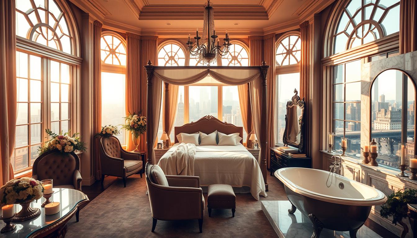 A luxurious and spacious bridal suite in the heart of New York City, bathed in warm, golden light filtering through large, ornate windows. The suite features a grand, four-poster bed draped in fine linens, plush velvet armchairs, and a lavish marble bathroom with a clawfoot tub. Elegant floral arrangements and candles set a serene, intimate atmosphere. In the background, the iconic skyline of Manhattan can be seen through the windows, creating a stunning, urban backdrop. The image conveys a sense of opulence, comfort, and the perfect setting for a bride to prepare for her special day.