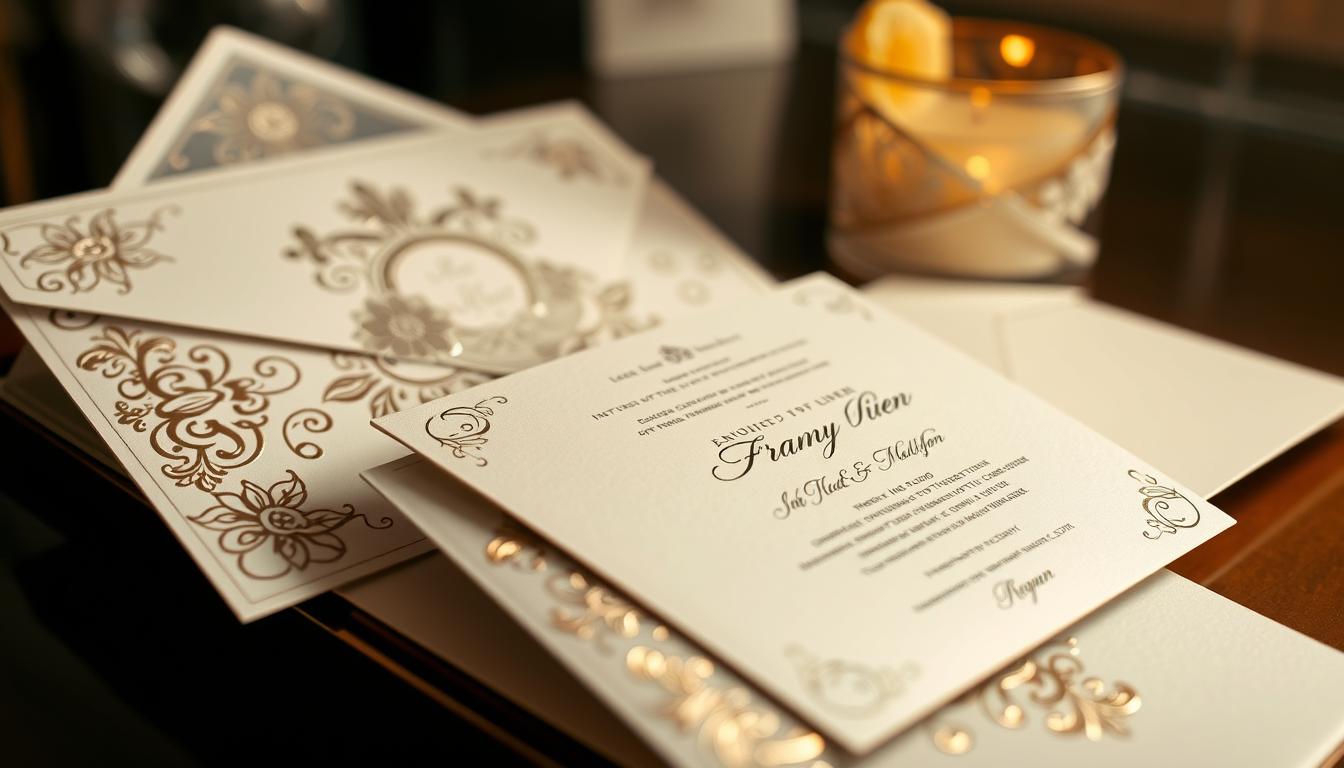 A luxurious wedding invitation set with a sophisticated, elegant design. A heavy cream-colored cardstock with a subtle sheen, adorned with intricate foil-stamped patterns in gold and silver. The invitation itself is presented in a tri-fold layout, with the outer layers featuring a delicate floral motif and the inner leaf showcasing the event details in a refined, calligraphic font. The invitation is accompanied by a vellum envelope liner and a matching RSVP card, all housed in a sturdy, magnetic-closure envelope. Soft, warm lighting illuminates the scene, casting a refined, luxurious ambiance.