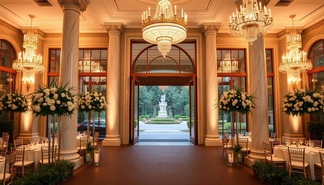 A luxurious wedding venue in New York City, featuring a grand, marble-columned entrance with lush floral arrangements. The opulent interior showcases high ceilings, crystal chandeliers, and floor-to-ceiling windows overlooking a manicured garden. Couples and guests arrive at a spacious parking lot with easy access to the venue. Warm, golden lighting creates a sophisticated ambiance, while elegant table settings and decorations hint at the impeccable event planning. The venue exudes a timeless, elegant charm, perfectly suited for a seamless and memorable wedding celebration.