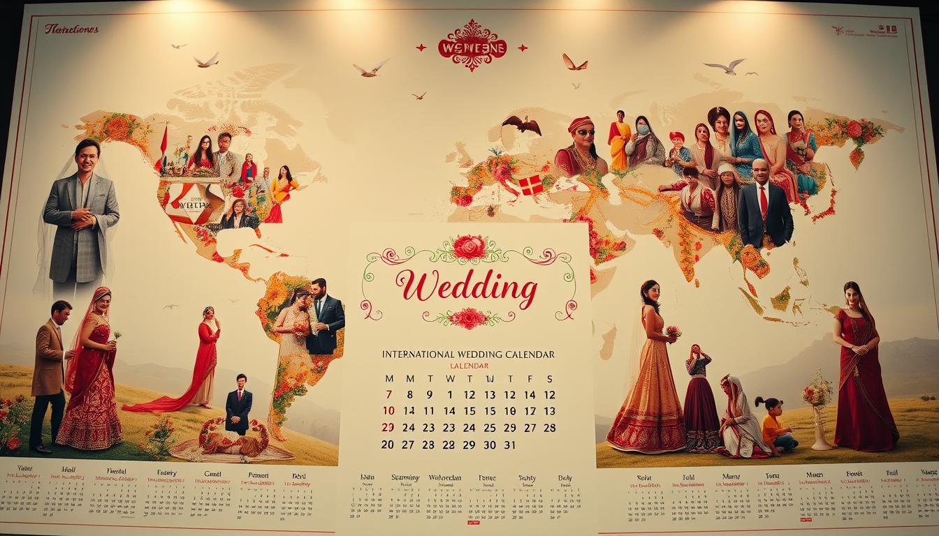 A meticulously designed international wedding calendar, showcasing the diverse cultural celebrations and customs from around the world. The foreground features a central calendar with elegantly stylized icons representing different nations, united by ornate floral motifs. The middle ground depicts a collage of traditional wedding attire, colorful textiles, and symbolic accessories from various regions. The background is a soft, ethereal landscape, hinting at the global tapestry of love and unity. The lighting is warm and inviting, with a subtle, cinematic quality, capturing the essence of this timeless celebration. Captured through a wide-angle lens, the composition offers a harmonious and visually captivating representation of the world's wedding traditions.