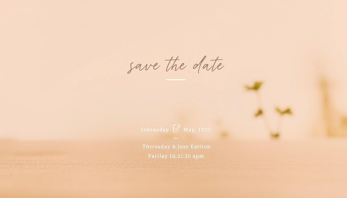 A modern, minimalist digital save the date design, rendered in a warm, muted color palette. The foreground features a sleek, geometric layout with clean typography showcasing the event details. In the middle ground, a subtle blurred background depicts a serene nature scene, with soft light and a hint of foliage. The overall composition conveys a sense of understated elegance and cost-effective digital presentation. Captured with a wide-angle lens to emphasize the simplicity and balance of the design.