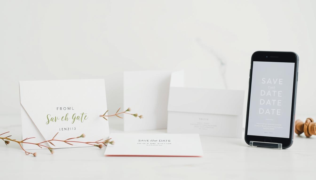 A modern, minimalist wedding announcement set against a clean, white background. In the foreground, various stationery items are artfully arranged, including a sleek, square-shaped card with elegant typography, an abstract envelope design, and a few sprigs of delicate greenery. The middle ground features a selection of alternative announcement ideas, such as a modern postcard, a fold-out announcement, and a digital invitation displayed on a minimalist smartphone. The background offers a simple, slightly blurred setting, perhaps a wooden or marble surface, to create a sense of depth and emphasis on the announcement pieces. The overall mood is one of contemporary sophistication, showcasing modern alternatives to the traditional "save the date" announcement.