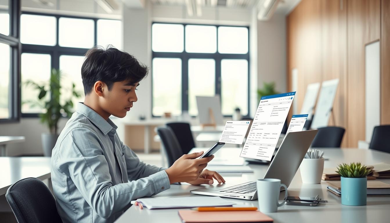 A modern office interior with a bright, airy atmosphere. A young professional sitting at a desk, laptop open, surrounded by digital devices and office supplies. They are intently focused on a smartphone, scrolling through various online forms and websites, collecting dietary information for an upcoming event. The room is filled with natural light filtering through large windows, creating a soft, even illumination. The color palette is muted, with shades of gray, white, and wood tones, creating a clean, minimalist aesthetic. The overall mood is one of efficiency, organization, and attention to detail as the individual diligently gathers the necessary dietary data.