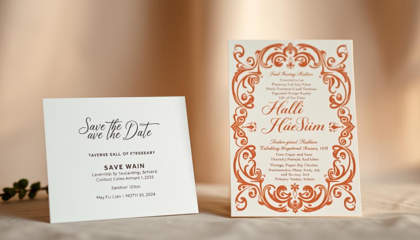 A neatly arranged composition showcasing a save the date card and an elaborately designed wedding invitation set against a softly blurred, elegant background. The save the date features a minimalist aesthetic with clean typography and a muted color palette, while the invitation boasts intricate patterns, delicate floral elements, and a harmonious blend of warm and cool tones. Soft, diffused lighting casts a warm, romantic glow, creating a sense of timeless sophistication. The image is captured from a slightly elevated angle, emphasizing the juxtaposition and relationship between the two stationery items, conveying the idea of a cohesive event planning process.