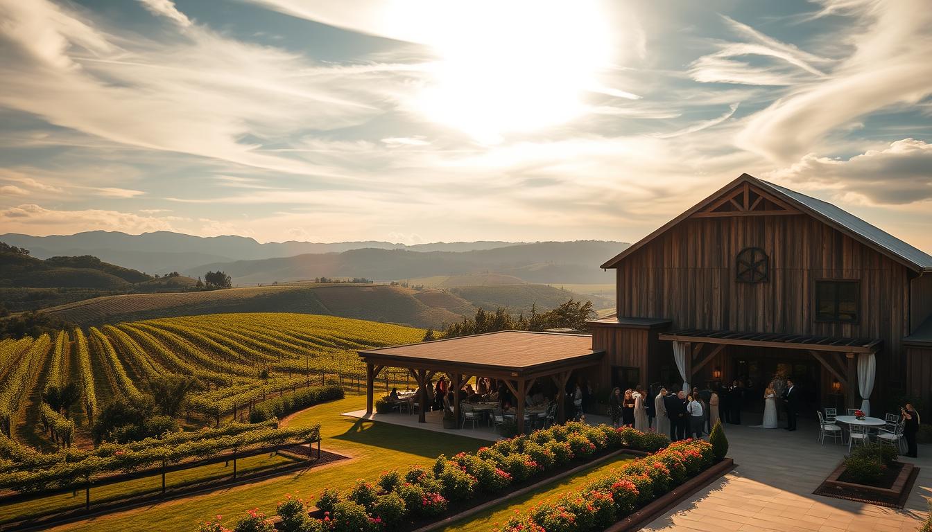 A picturesque California wedding location: a sprawling vineyard with lush rolling hills in the background, bathed in soft golden sunlight filtering through wispy clouds. In the foreground, a charming rustic barn, its weathered wooden facade complemented by a manicured garden with rows of vibrant flowers. The scene exudes a serene, romantic atmosphere, perfect for an intimate celebration of love, with guests mingling on a sprawling patio overlooking the serene vineyard landscape. The image is captured with a wide-angle lens, providing a sweeping, cinematic perspective that showcases the breathtaking natural beauty of this idyllic California wedding setting.