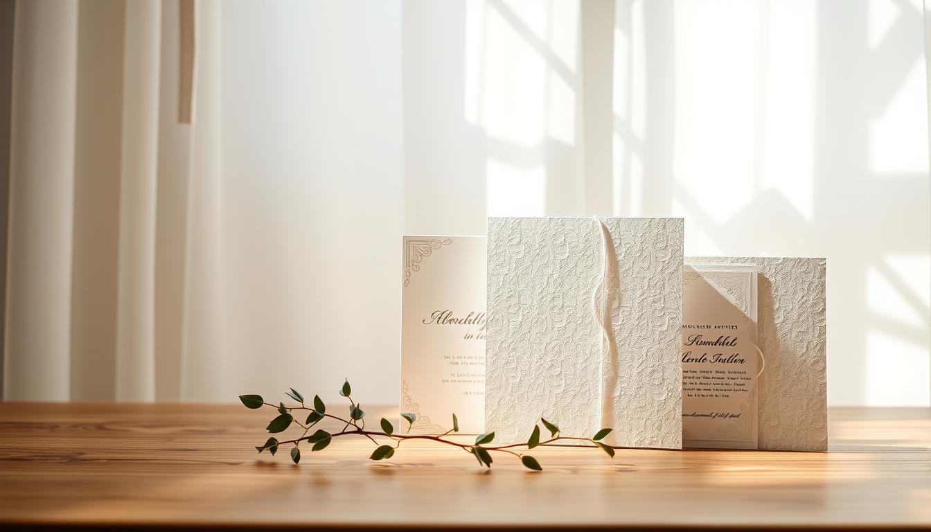 A pristine set of custom wedding invitations against a soft, ethereal backdrop. The elegant stationery features a delicate floral motif, tactile textured paper, and a calligraphic script in muted tones. Rays of natural light stream through a large window, casting a warm, romantic glow upon the scene. The invitations are artfully arranged on a minimalist, wooden table, with a sprig of greenery adding a touch of organic elegance. The overall mood is one of understated sophistication, evoking the essence of a bespoke, high-quality wedding invitation ordering experience.