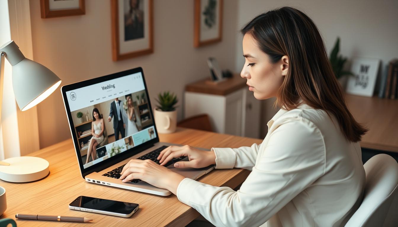 A professional web designer sitting at a desk, carefully updating a wedding website on a modern laptop. Surrounded by a tasteful home office setup with minimalist decor, warm lighting, and a plant or two. The designer's hands are poised over the keyboard, brow furrowed in concentration as they make thoughtful changes to the website's layout and content. A sense of focus and attention to detail pervades the scene, reflecting the importance of communicating effectively with wedding guests during this delicate rescheduling process.