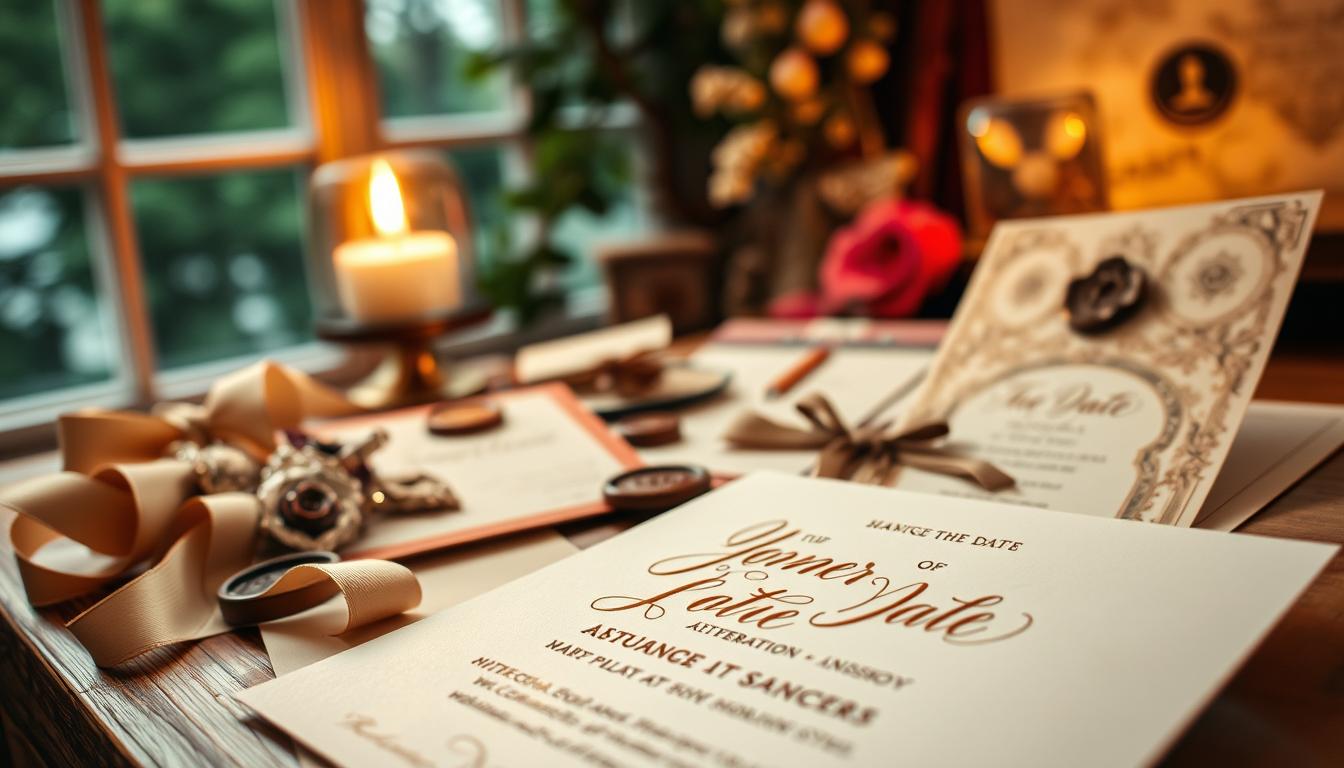 A richly detailed and visually captivating image of "multi-day save the date ideas" for a celebration. In the foreground, an artfully designed save the date card with elegant calligraphy and a touch of gold foil, showcasing a unique and eye-catching design. In the middle ground, an assortment of meticulously curated stationery elements, such as ribbon, wax seals, and vintage-inspired embellishments, creating a harmonious and visually pleasing composition. The background features a softly blurred, yet inviting setting, perhaps a cozy corner of a vintage-inspired room or a lush, natural landscape, setting the mood for a sophisticated and memorable multi-day celebration. The lighting is warm and inviting, casting a gentle glow over the scene, while the camera angle captures the scene in a slightly elevated, three-quarter view, emphasizing the attention to detail and the overall elegance of the design.