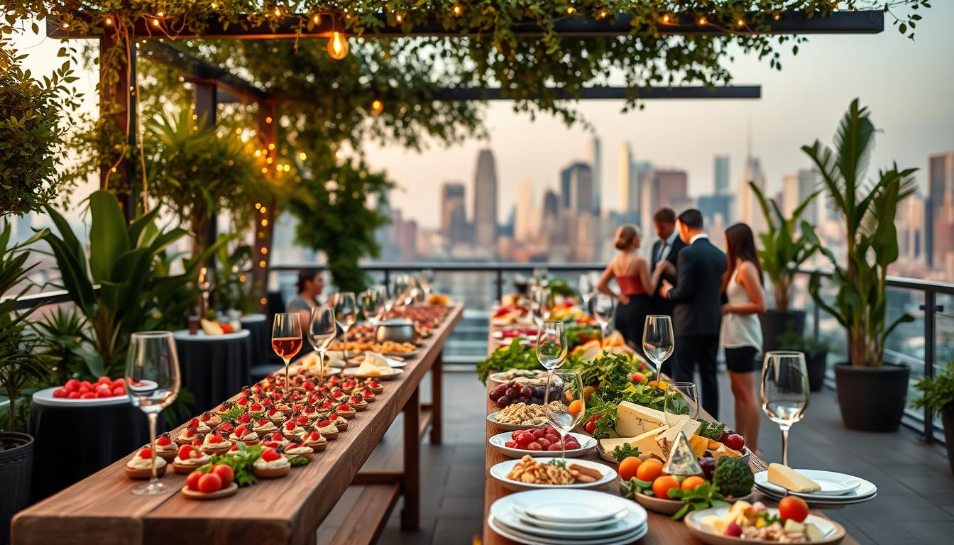 A rooftop oasis, adorned with lush greenery and twinkling bistro lights, sets the stage for an elegant catering display. In the foreground, a long wooden table is adorned with an array of gourmet hors d'oeuvres, fresh seasonal produce, and artisanal cheeses. Elegant stemware and fine china create an inviting atmosphere, while a team of attentive servers move gracefully among the guests. In the middle ground, the city skyline frames the scene, with the iconic silhouettes of skyscrapers casting a warm, golden glow. The overall mood is one of refined sophistication, perfectly complementing the breathtaking rooftop setting.