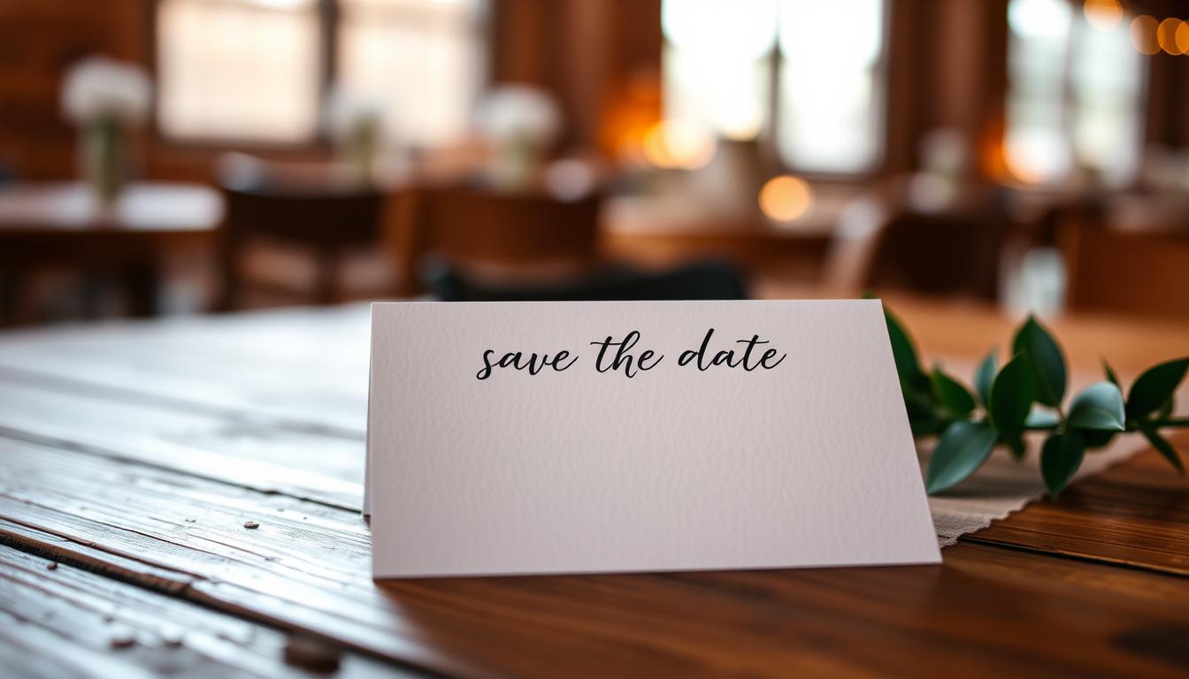 A save the date response request card resting on a rustic wooden table, illuminated by soft, warm lighting. The card is simple yet elegant, with clean lines and a minimalist design. The background is slightly blurred, creating a sense of focus on the card. The overall mood is one of anticipation and attention to detail, reflecting the importance of the RSVP process. The scene conveys a sense of thoughtfulness and care, with the card positioned to draw the viewer's eye and highlight its significance.