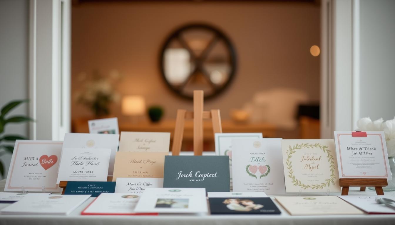 A serene and inviting scene of a modern, inclusive wedding announcement display. In the foreground, a collection of tastefully designed cards in a variety of colors, shapes, and styles, reflecting the diversity of couples. The middle ground features a minimal, yet elegant wooden display stand, allowing the announcements to take center stage. The background is softly blurred, creating a warm, welcoming atmosphere, perhaps with subtle natural lighting filtering through a window. The overall composition conveys a sense of celebration, acceptance, and the joyful union of all loving couples.