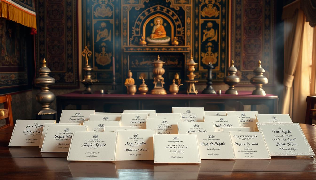 A serene and ornate setting, with intricate tapestries, incense burners, and religious iconography adorning a wooden table. In the foreground, a diverse array of save-the-date cards in various scripts and languages, reflecting the cultural and religious diversity of the guests. Soft, warm lighting bathes the scene, creating a contemplative and reverent atmosphere. The cards are arranged thoughtfully, suggesting the careful consideration of traditions and customs when crafting the wording. The overall composition evokes a sense of harmony, balance, and respect for the varied backgrounds of the wedding party.